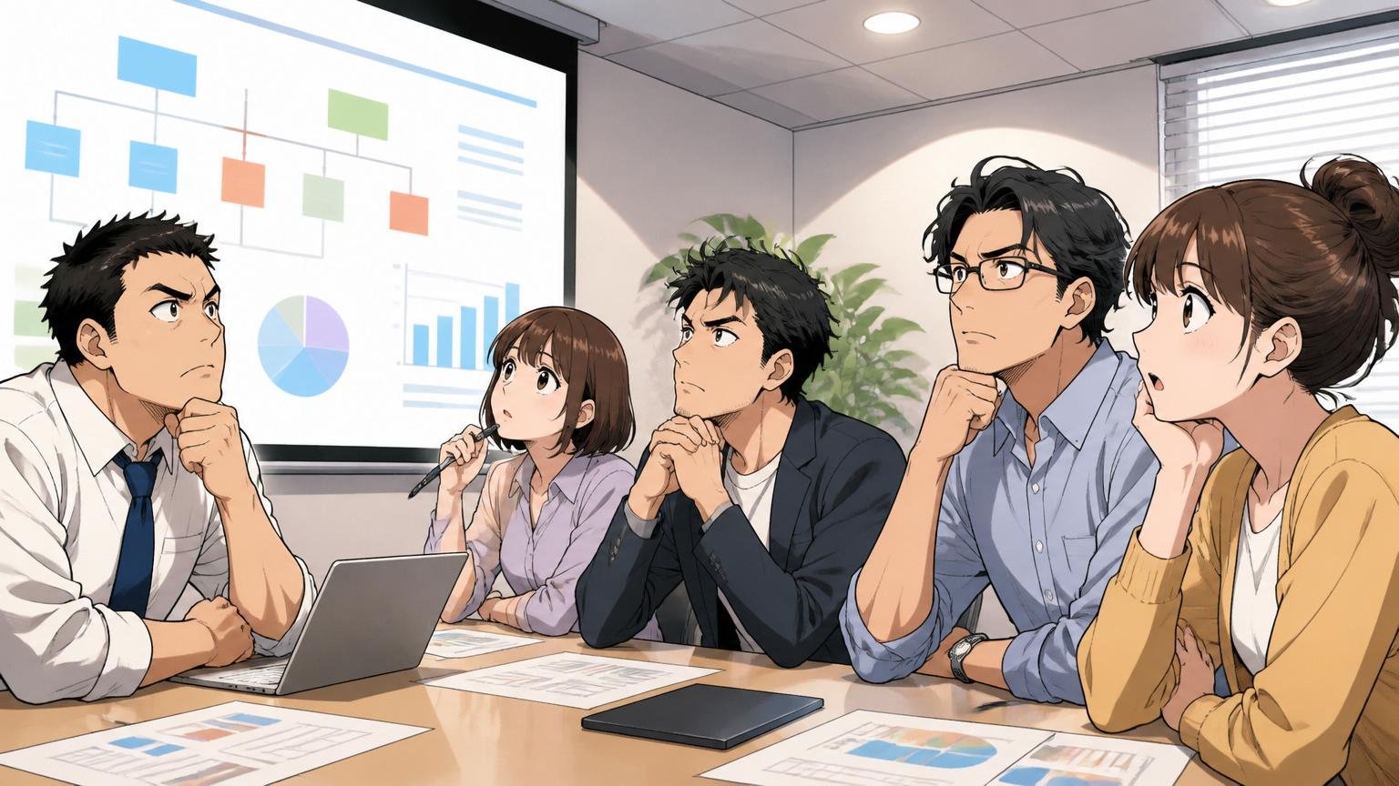 広告代理店の会議室で組織再編の説明を聞く社員5人が真剣な表情でスライドに見入る場面