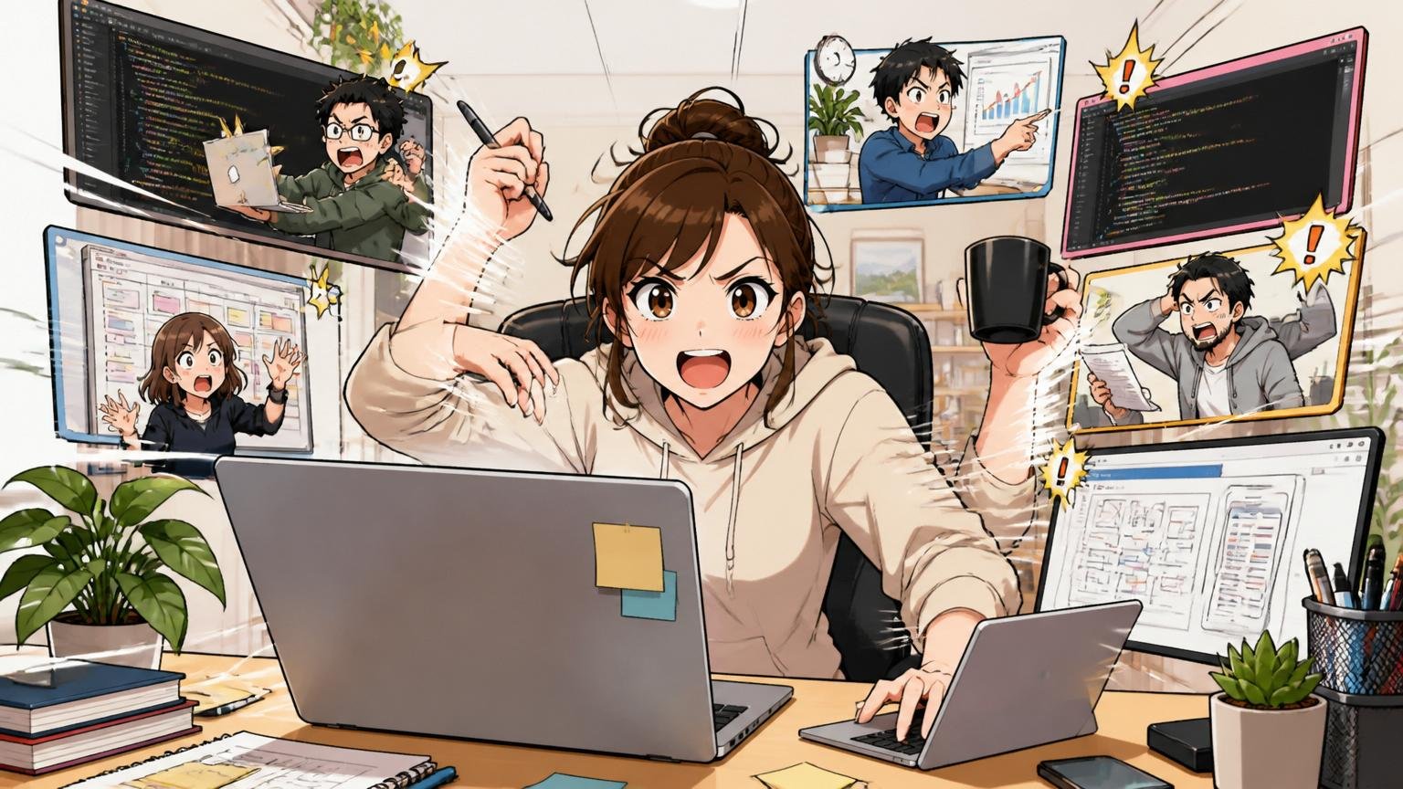 自宅のワークスペースで在宅勤務する30代女性エンジニア1人。複数案件をこなす集中と自由をオーバーリアクションで表現