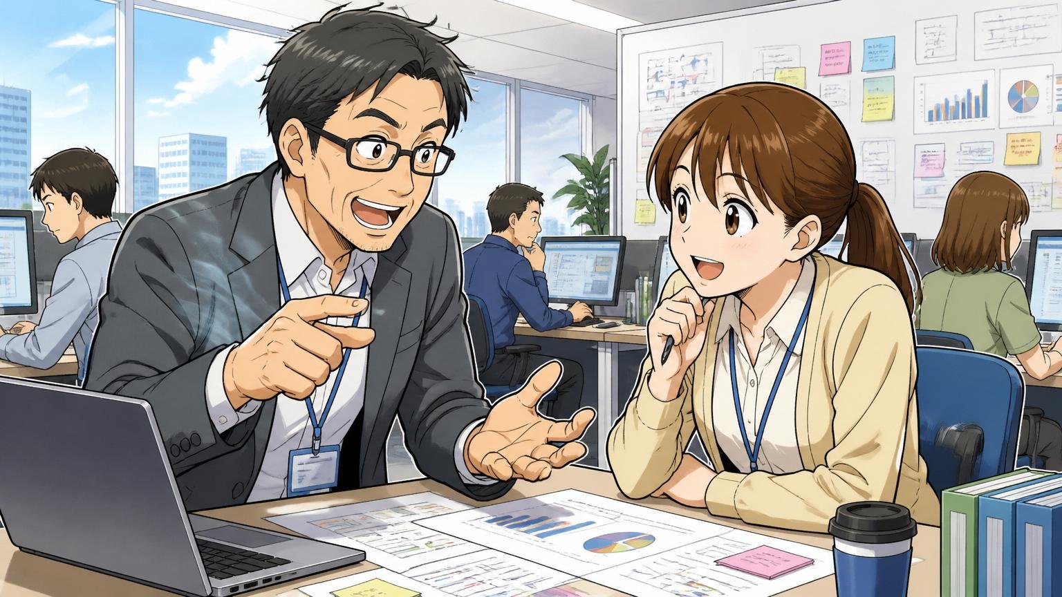 大手事業会社のDX部門。大手事業会社のオフィスのデスクで、40代男性DX推進リーダーと20代後半女性社員が業務改善のミーティングをしている