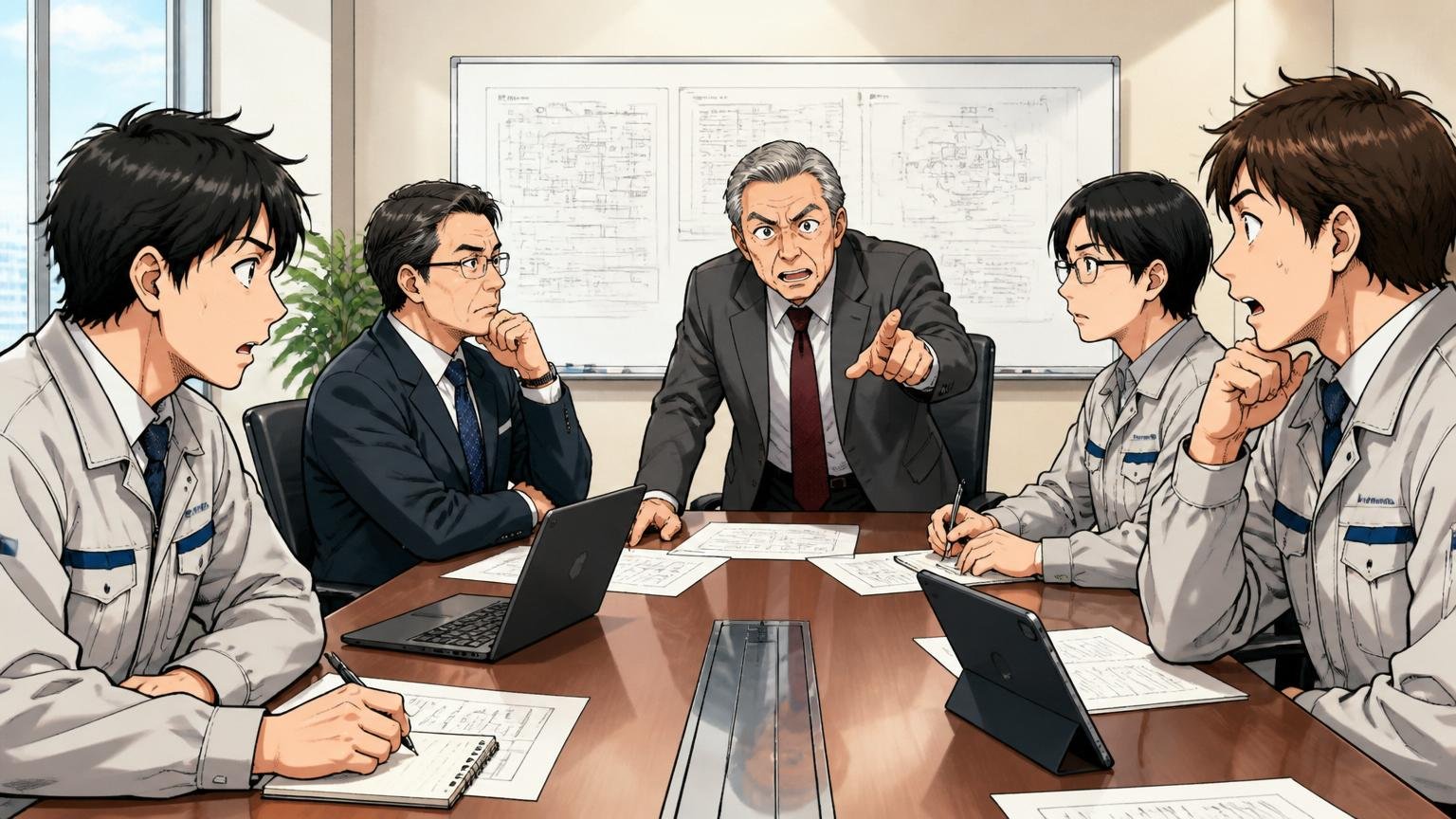 日立グループ系列の会議室で大きな机を囲む年配男性役員と若手エンジニア合計5人の階層感ある面談