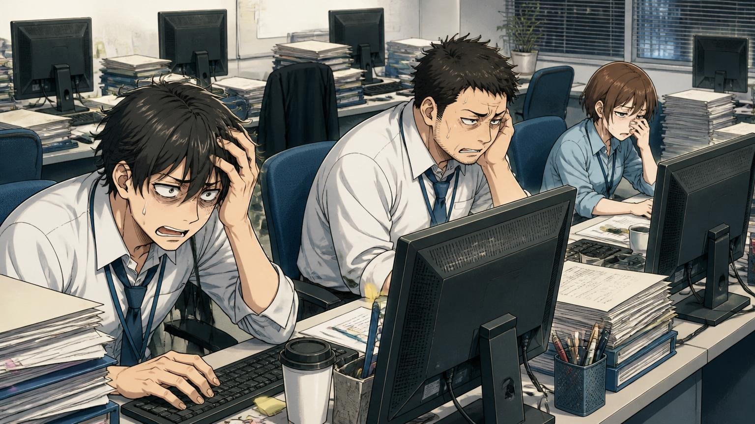 退職者増による業務量増加｜SIerの開発現場で深夜まで残業する疲れた表情のエンジニア3人と空席の机が並ぶ