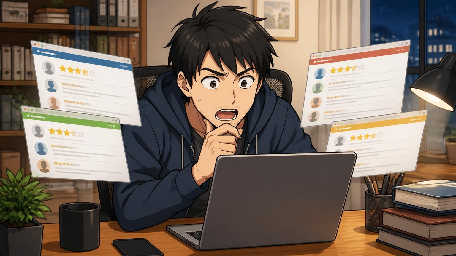 自宅のデスクでノートPCを開いて口コミサイトを見比べる30代エンジニア・1人・夜の落ち着いたシーン