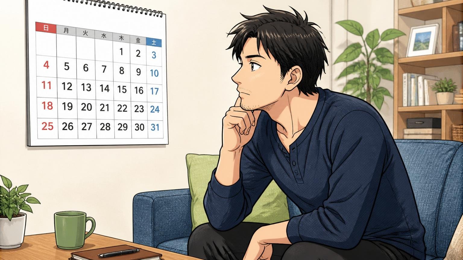 採用タイミングのズレを冷静に受け止める応募者、自宅のリビングでカレンダーを眺める30代男性1人