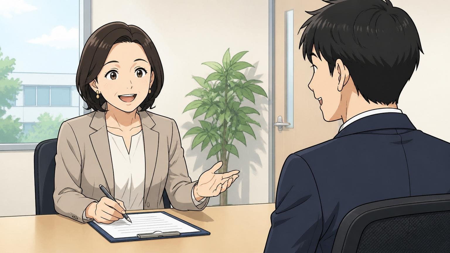 コミュニケーションと素直さ、企業の面接室で40代女性面接官と30代男性応募者が穏やかに対話する