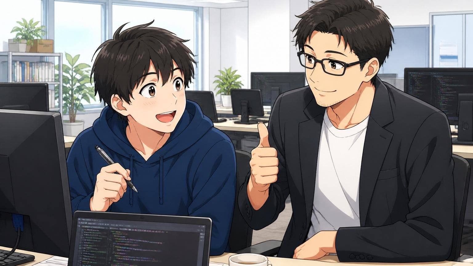 Web系企業のオフィスで素直にフィードバックを受け止めるエンジニアと頷く先輩社員の様子