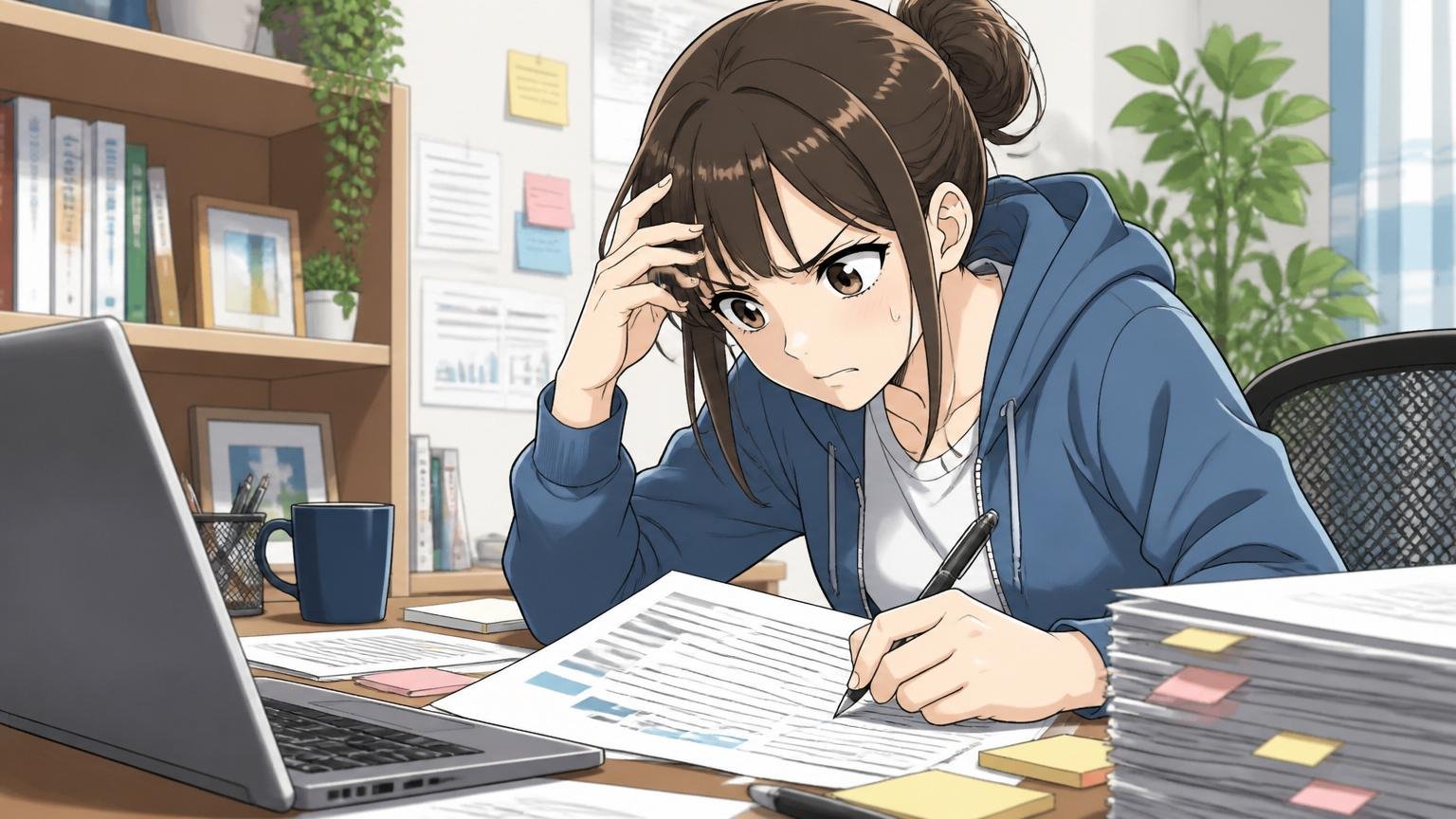職務経歴書の見せ方でつまずく 自宅の机で職務経歴書を書き直す女性エンジニアの真剣な表情