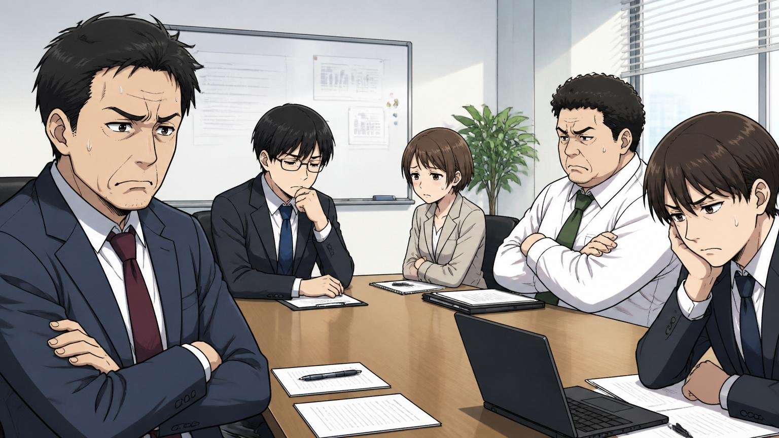 企業のオフィスで社内会議の場面、複数の社員が距離を取って座り目を合わせない緊張感のある雰囲気