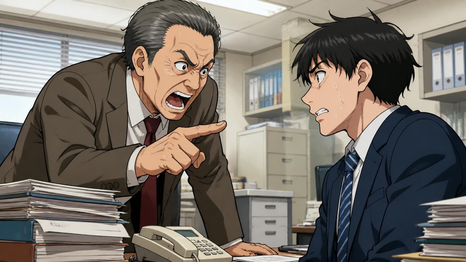 社風が古いという声 昔ながらのオフィスで年配の上司1人が若手社員に威圧的に指示している緊張した場面