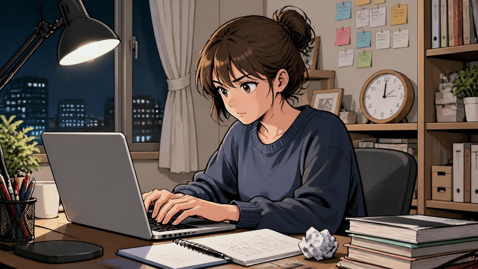 根拠⑤退職エントリー。在宅勤務の自宅デスクで深夜にブログ記事を書いているクリエイター女性1人