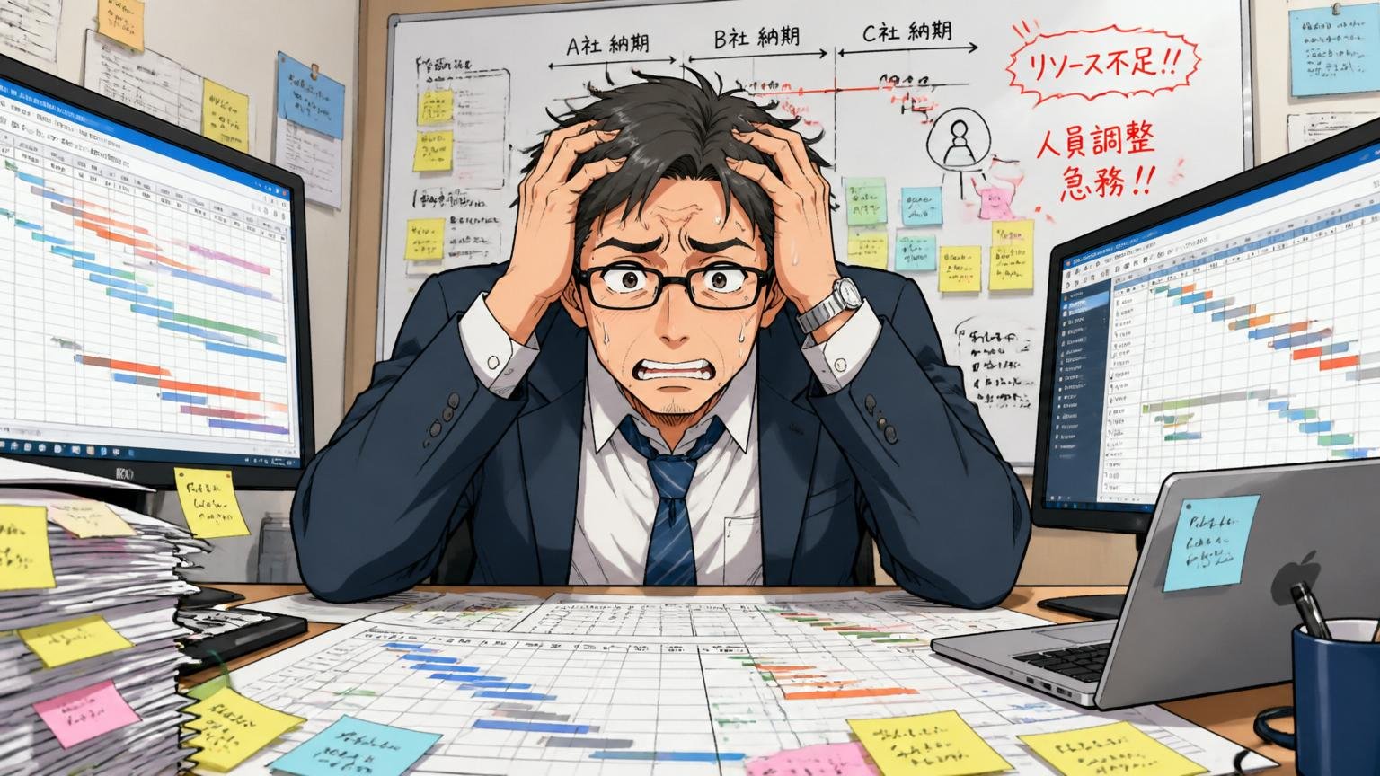 Web系受託開発の現場で複数クライアントの納期スケジュールを見比べて頭を抱える40代男性プロジェクトマネージャー