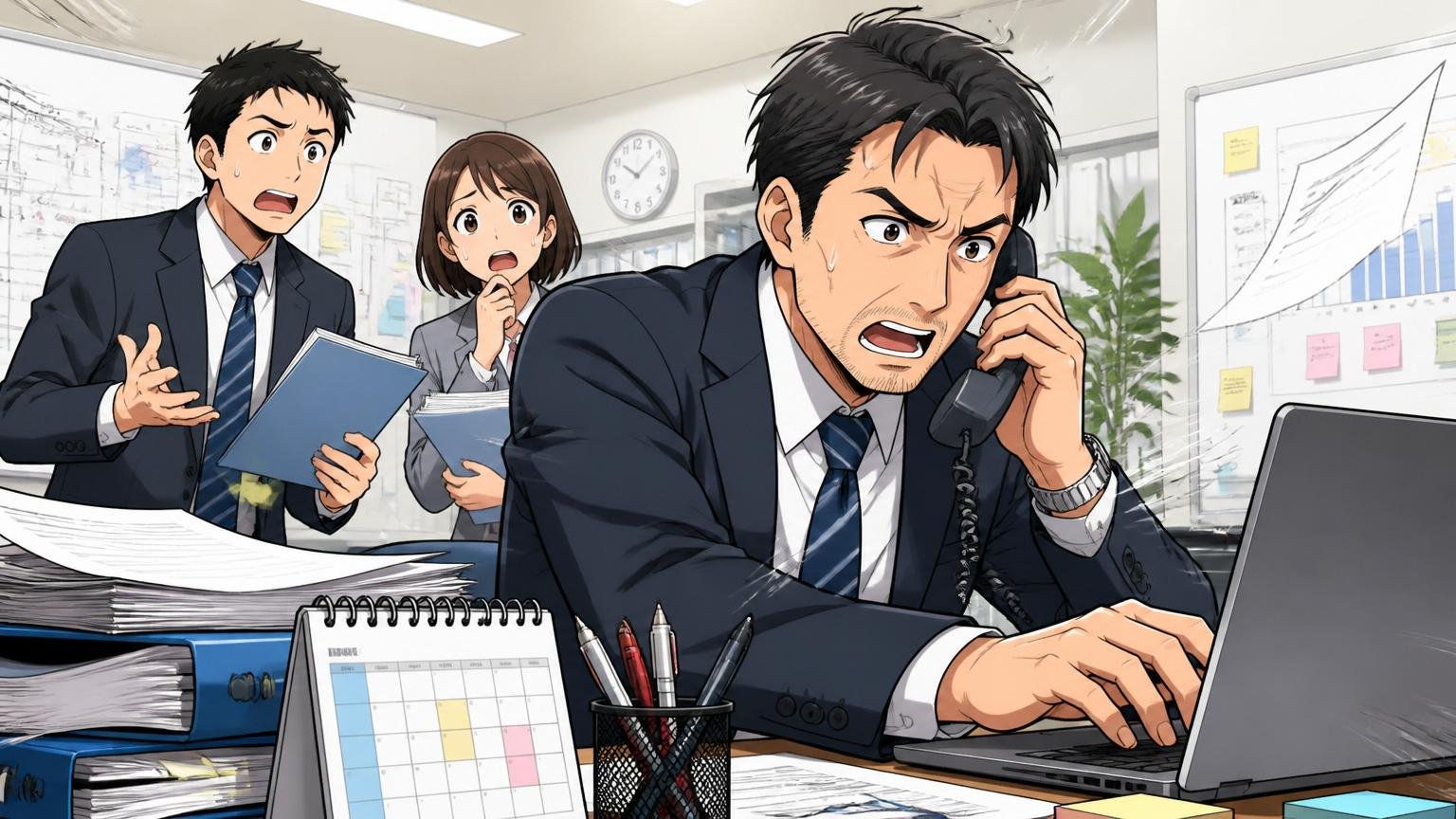 企業のオフィスで複数の打ち合わせに追われ電話を片手にPCを操作する忙しそうな40代管理職男性1人と背後で困惑する若手2人