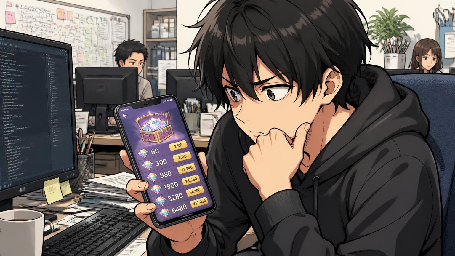 ゲーム開発会社のオフィスでスマホゲームの課金画面を見つめ複雑な表情を浮かべるエンジニア1人