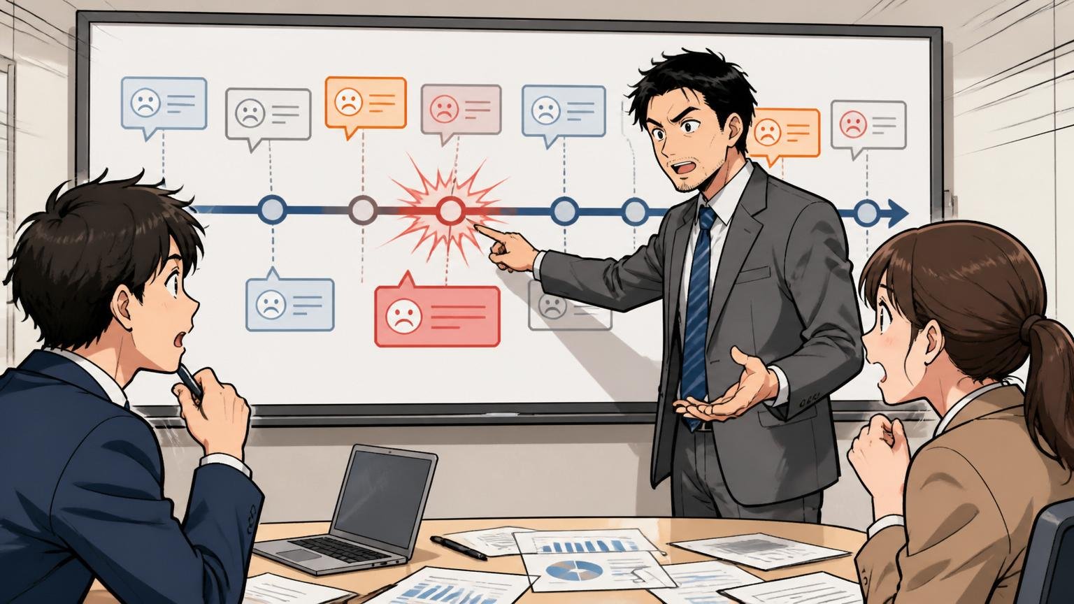 ネガティブ口コミを時系列で並べると見えてくること。企業の会議室で年表を前にメンター男性が若手2人に転換点を指し示し説明