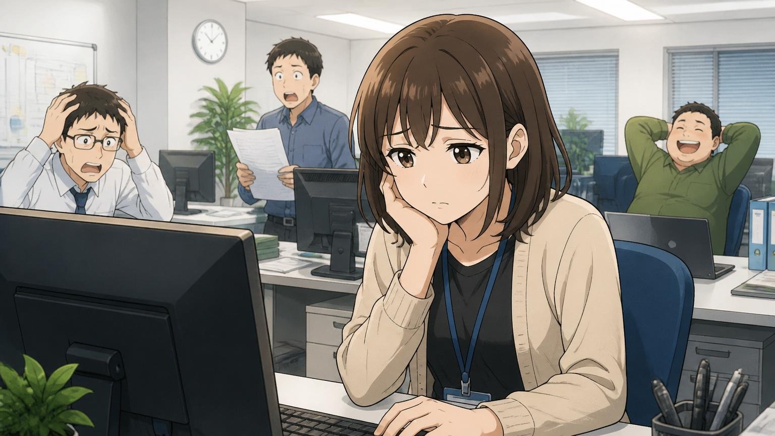 残業も収入も配属先しだいで安定しない|静かなオフィスで定時退社しながらも浮かない表情の20代女性エンジニア