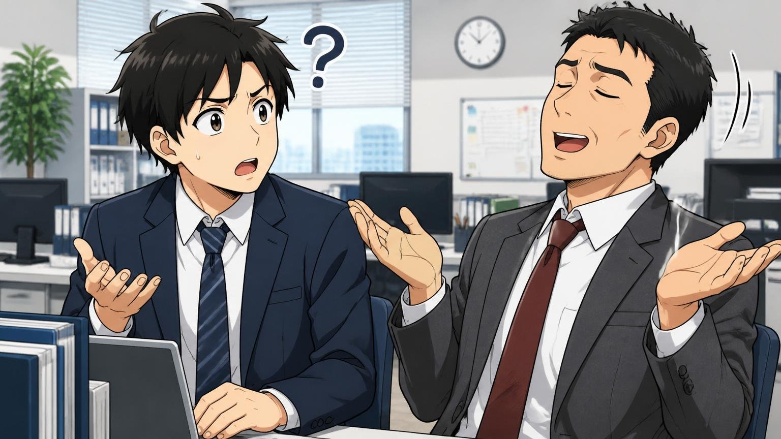 営業サポートの当たり外れ。企業のオフィスで20代男性が営業担当の30代男性に質問するが曖昧な反応に困惑