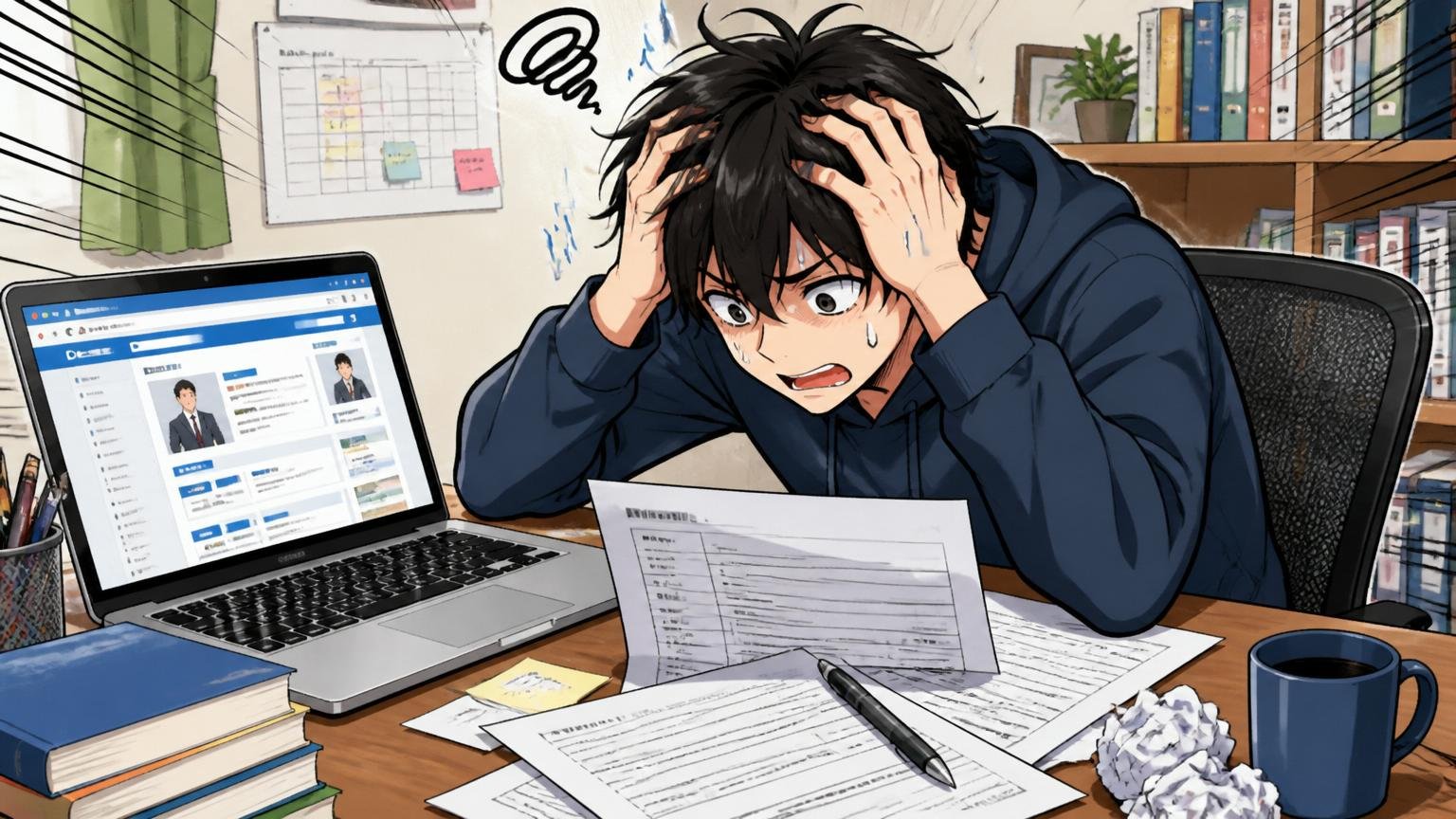 自宅のデスクで職務経歴書を書きながら頭を抱えるエンジニア1人、ノートPCの画面に転職サイト