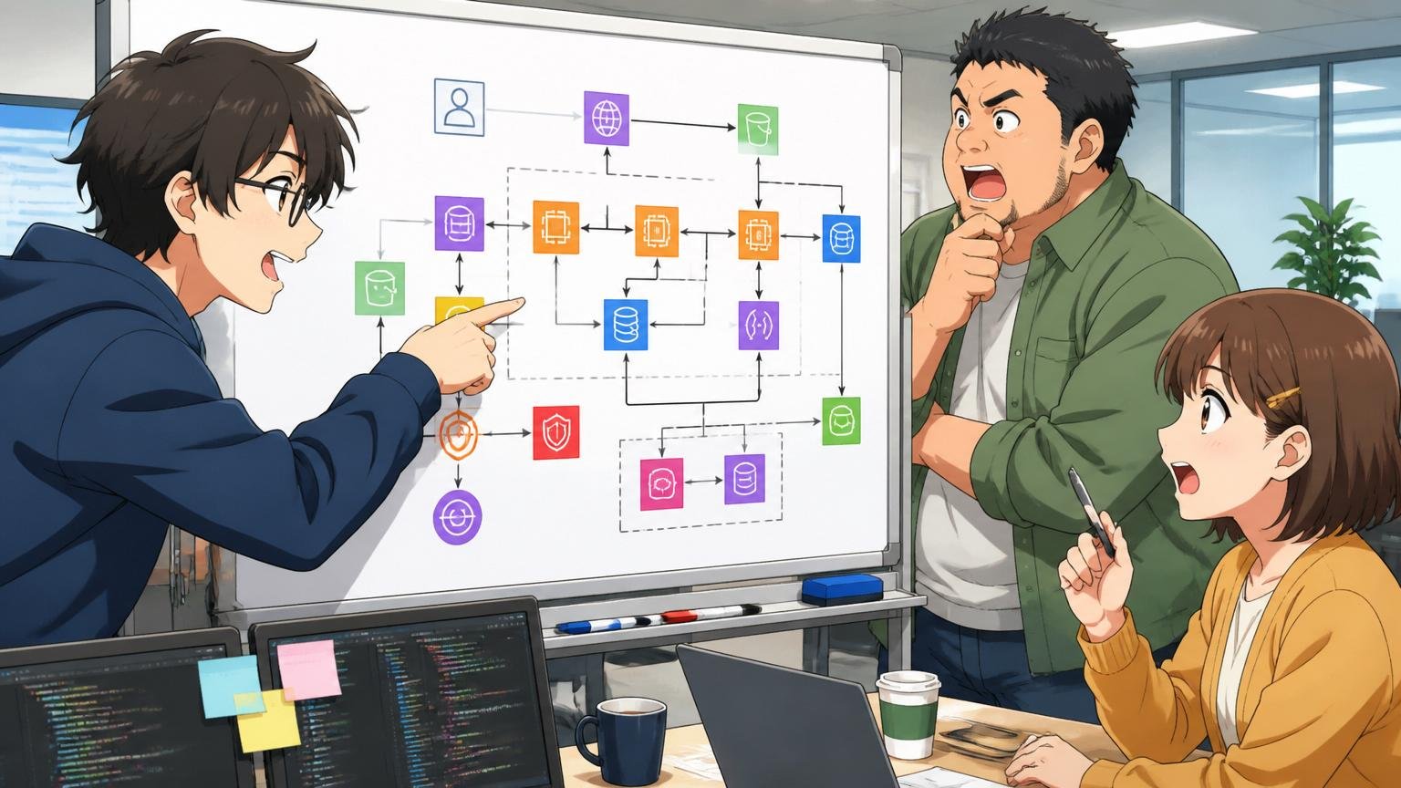事業内容と上場区分。Web系IT企業のオフィスでAWSアーキテクチャ図を前に3名のエンジニアが議論する