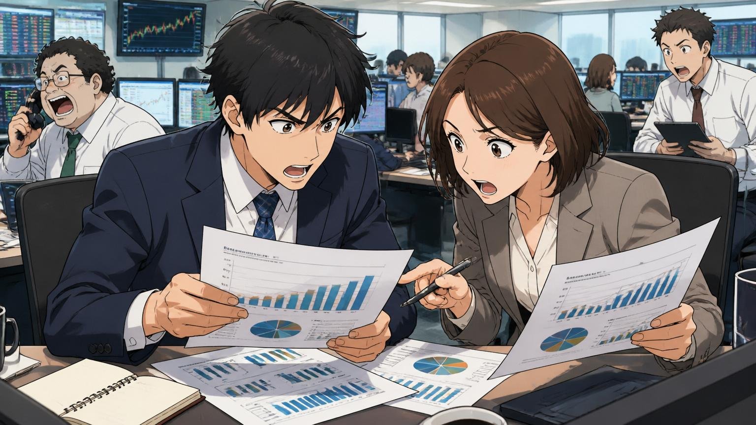 投資銀行のフロアで男女のアナリストがメディアドゥのIR資料を確認しながら議論するシーン