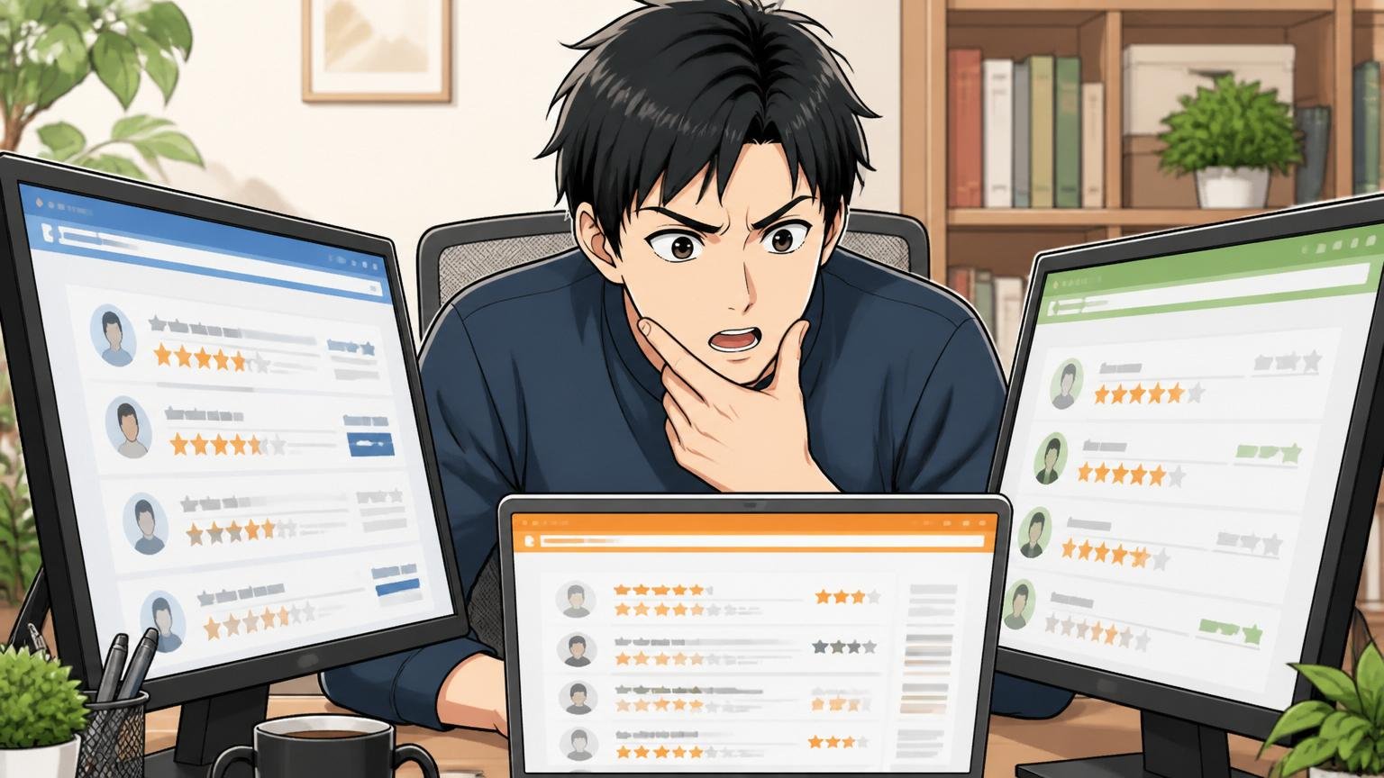 口コミ評価を比較するエンジニア。自宅のデスクで在宅勤務。男性1人。複数のサイトを開いて画面を見比べる表情
