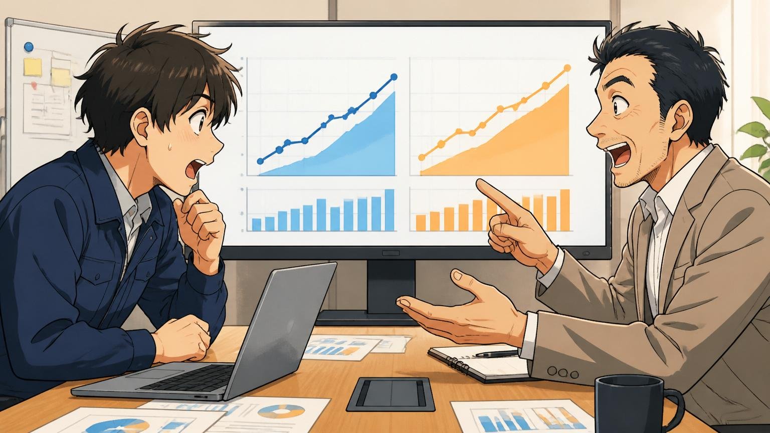 企業の会議室で年収シミュレーションのグラフを見比べる30代エンジニア1人と先輩1人