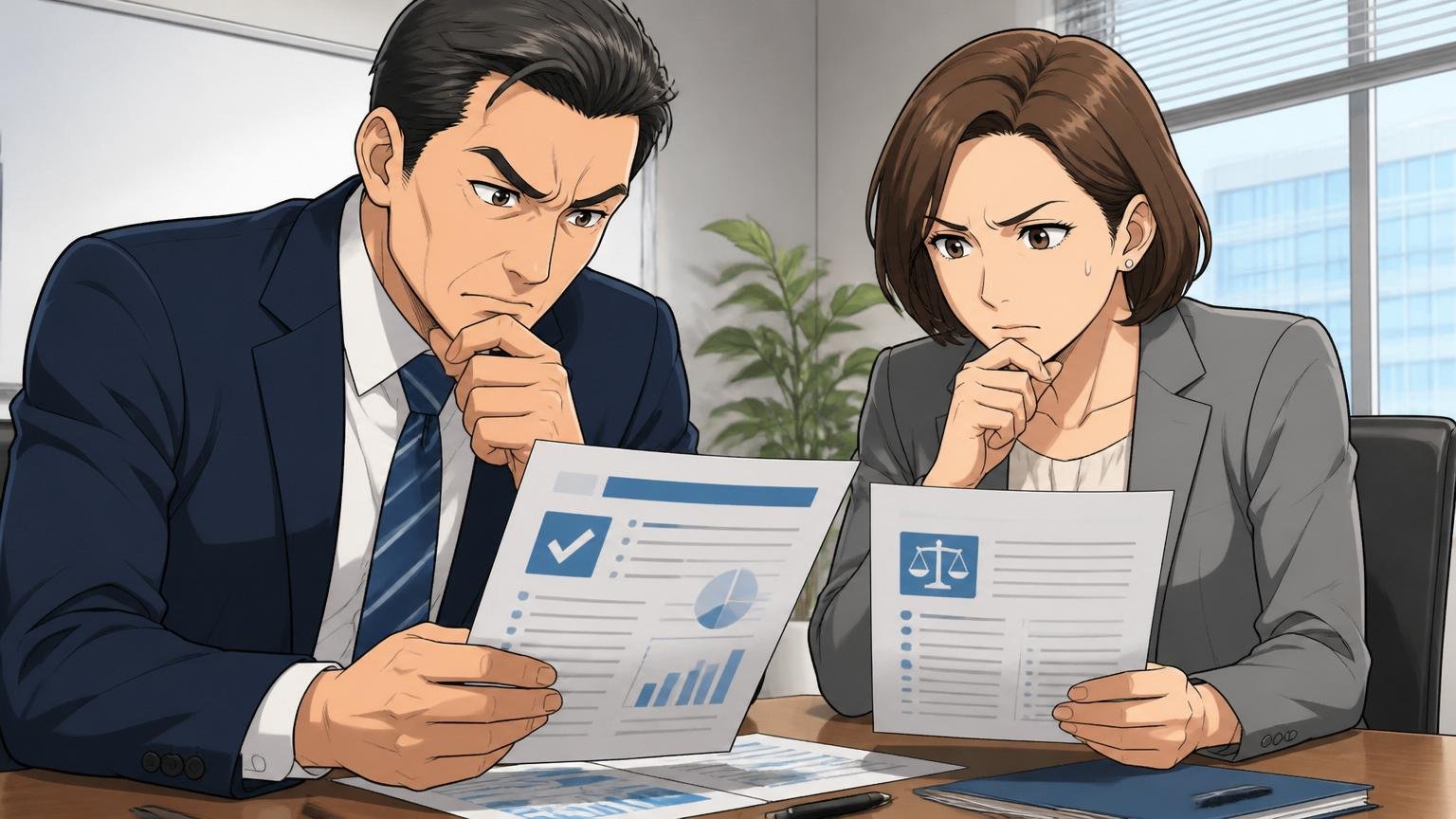 企業の会議室でコンプライアンス資料を真剣に確認する40代男女管理職2人