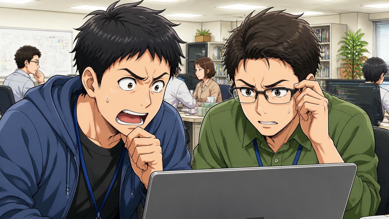 OpenWorkの総合評価を確認するSIerのオフィスでパソコンを見つめる30代エンジニア2人