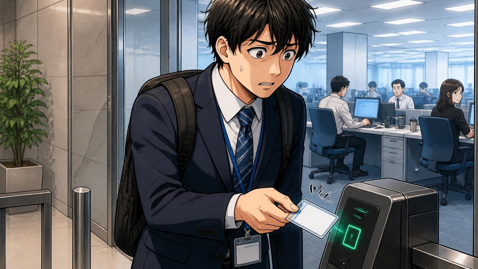 客先常駐／SES色がある。場所=大企業のオフィスフロア。登場人物=1人のエンジニア。動作=入館証をかざして緊張した表情で入室
