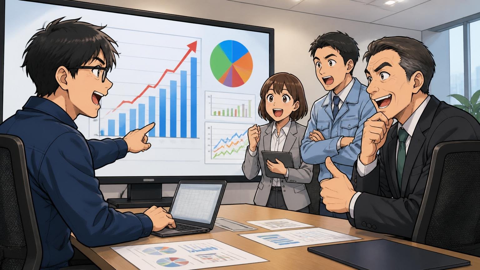 業績推移を確認するシーン|上場企業の経営会議室でエンジニアと管理職が業績グラフを指さして頷く様子