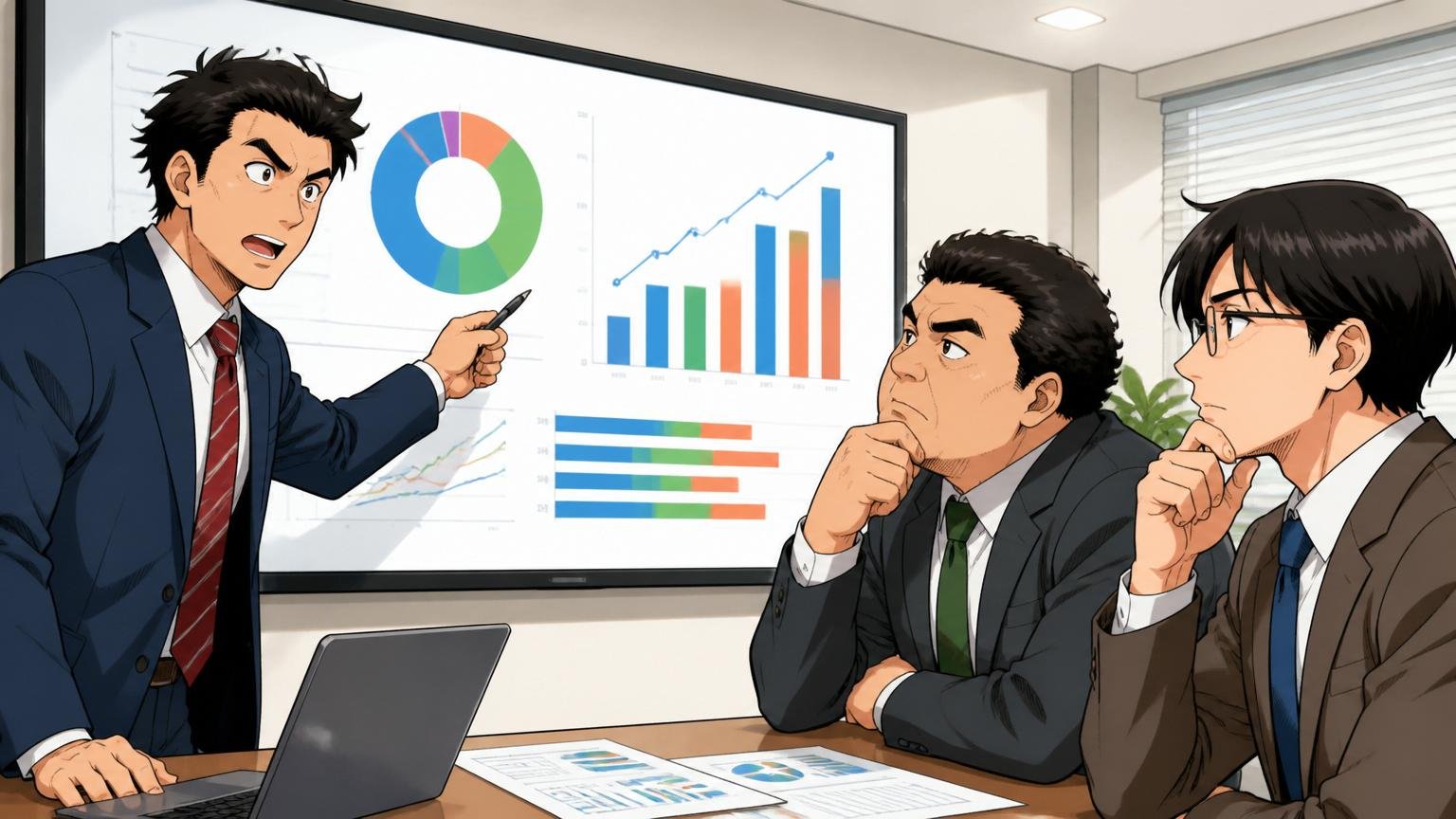 企業の評価会議室で満足度評価のグラフを指さす分析担当の男性1名と聞き入る社員2名の真剣な表情