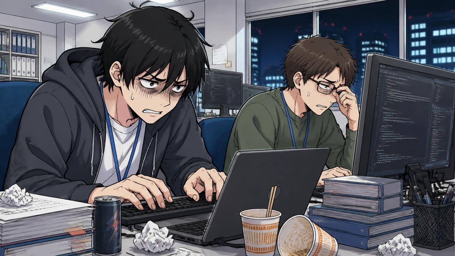 企業のオフィスで20時を過ぎてもPCに向かい続ける2人のエンジニアが疲れた表情で作業する