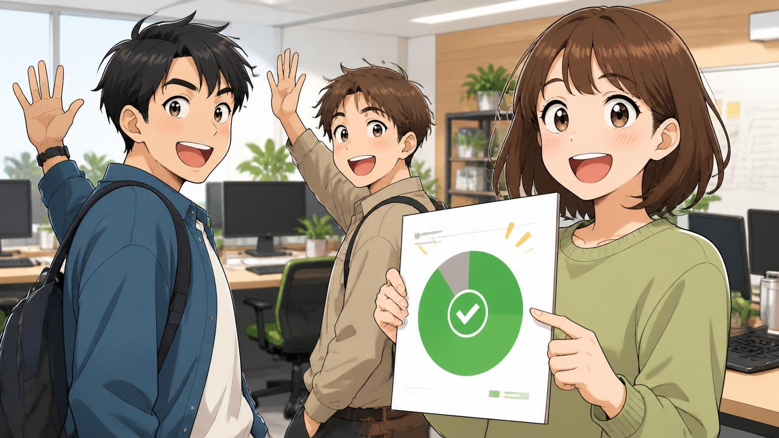 公表データで見るCLINKSの労働環境を解説。Web系スタートアップのオフィスで定時退社する若手社員2人と、有休消化率の高さを示す資料を持つ社員の明るい表情