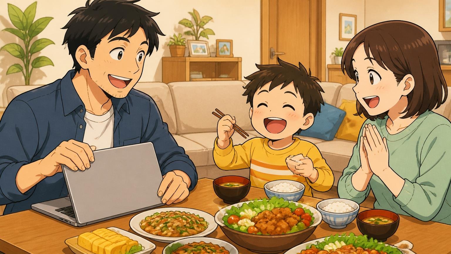 自宅のリビングで親子3人が夕食を囲み笑顔、エンジニアの父親がノートPCを閉じて家族と過ごす