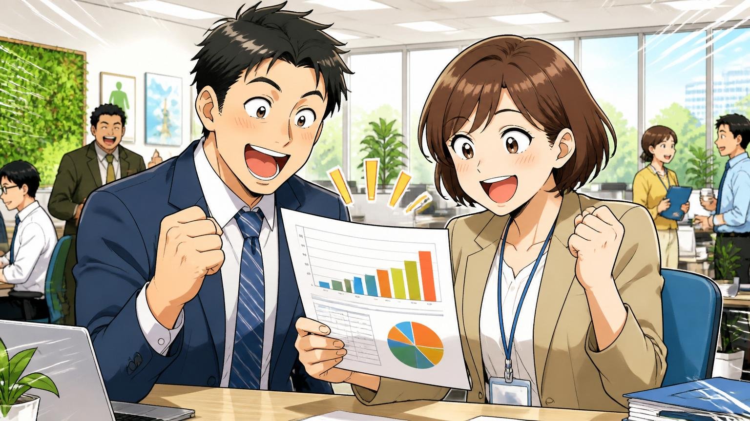 軸①事業 社会性が高くトップシェア 健康経営の企業オフィス 人事担当2人がエンゲージメント結果を喜ぶ