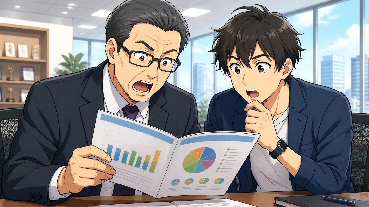 企業の役員フロアで採用パンフレットの数字を確認する人事担当と中堅エンジニアの姿