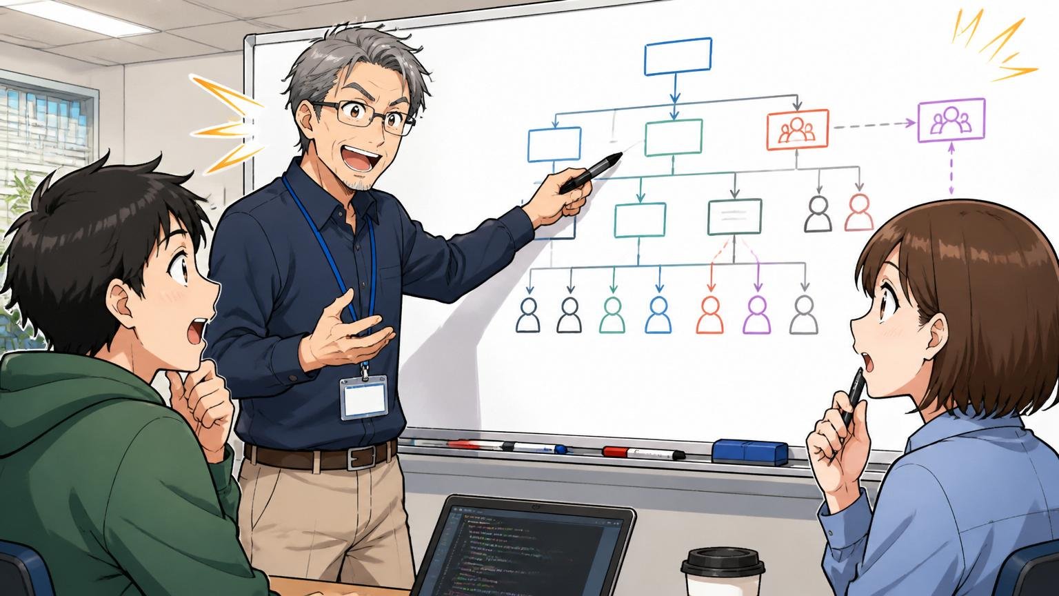 SIerの開発現場でホワイトボードに商流図を描いて説明するベテランエンジニア1人と聴く若手2人