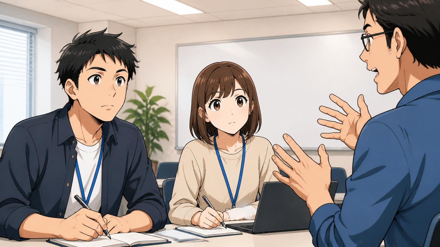 研修プログラムを受けるエンジニア。Web系企業の研修室で女性1名・男性1名、講師の説明に集中する表情