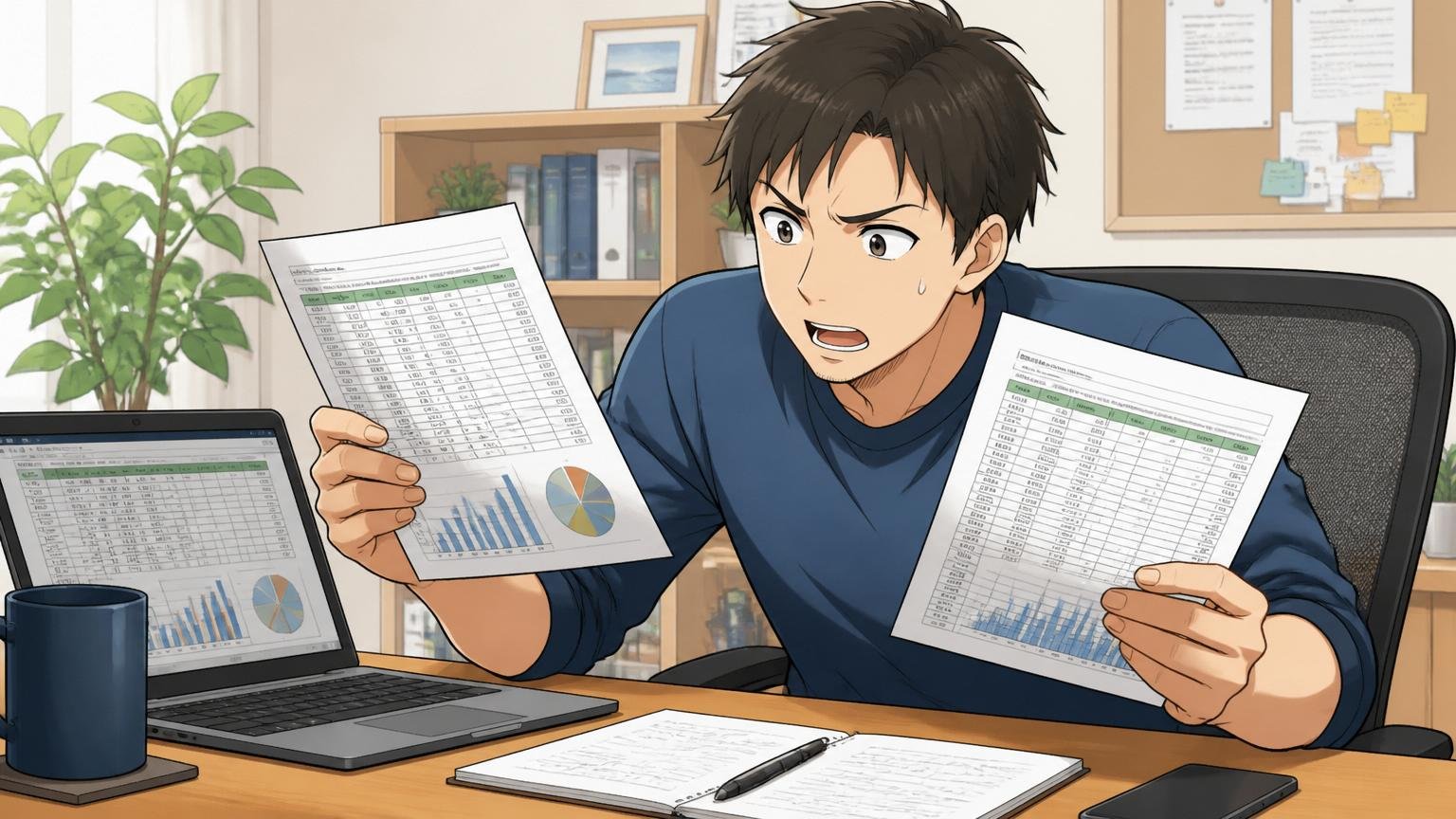 年収・残業データを比較するエンジニア/自宅のデスクで在宅勤務/30代男性1人/Excelシートを見比べる