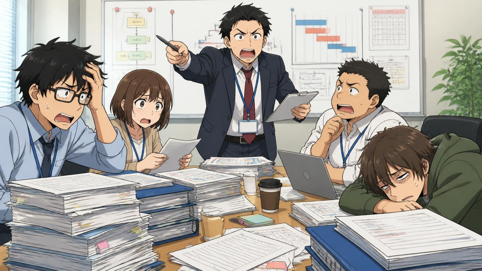 技術職採用なのにPMO・調整業務にアサインされる／企業の会議室で進捗会議／プロジェクトマネージャー1人とエンジニア4人／資料を山積みでぐったり