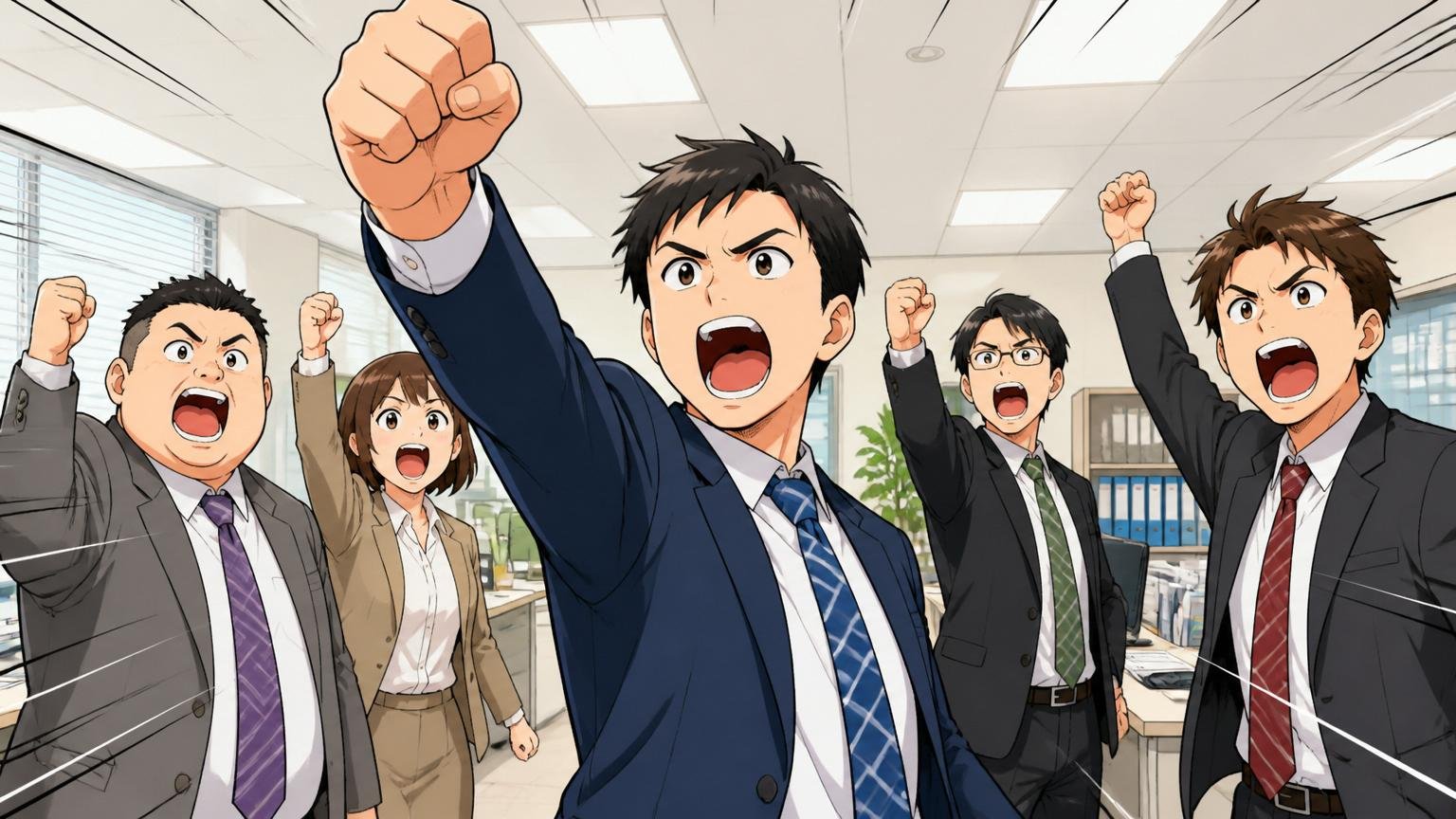 朝礼で唱和する営業会社のオフィス、20-50代の営業社員5人、声を張り上げる