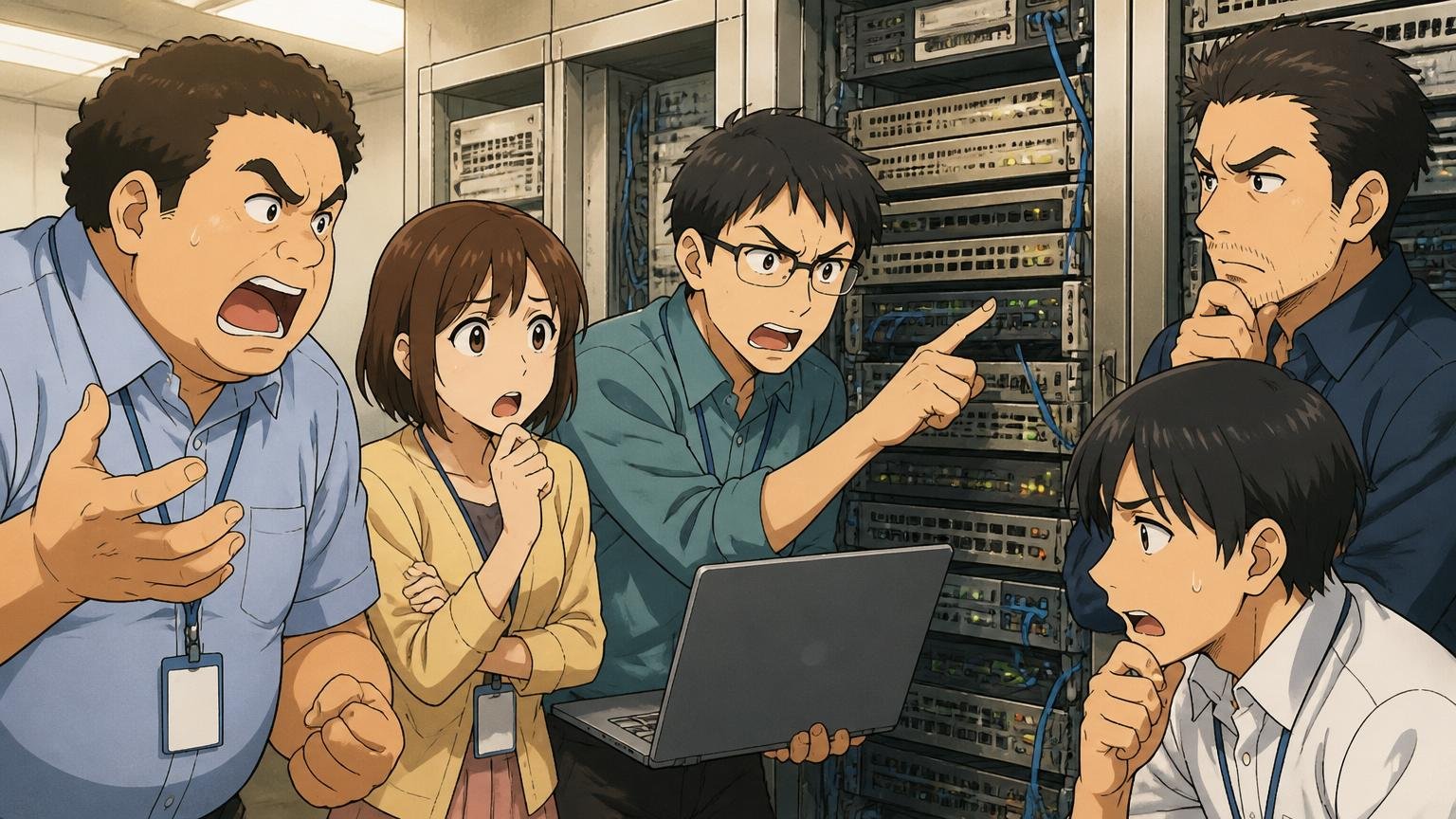 レガシー基盤の現場で複数ベンダーと打ち合わせするシーン。SIerの開発現場で5人のエンジニアが古いサーバーラックの前で打ち合わせ