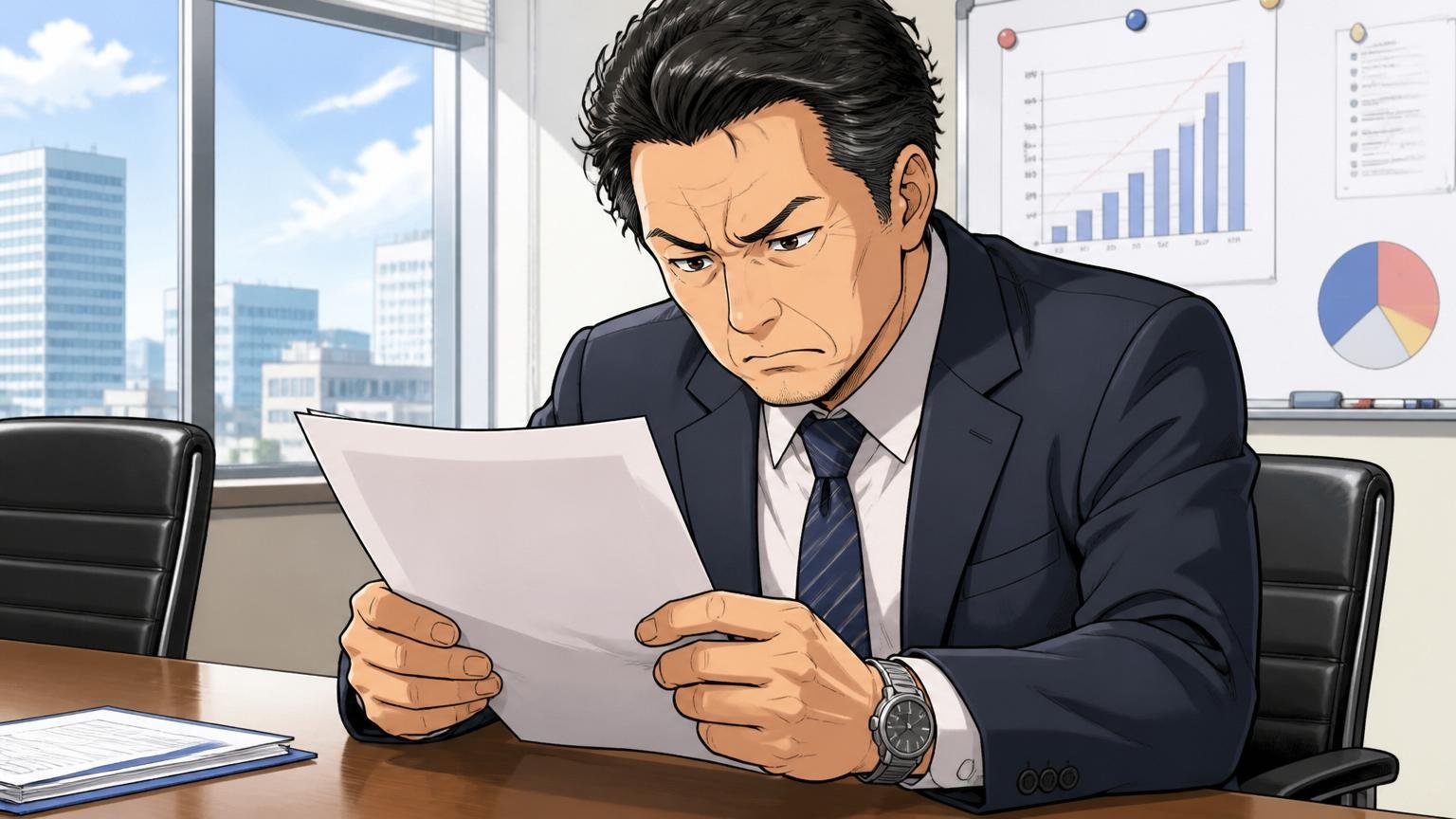 企業の会議室で40代マネージャー1人が親会社からの指示書を渋い表情で確認する
