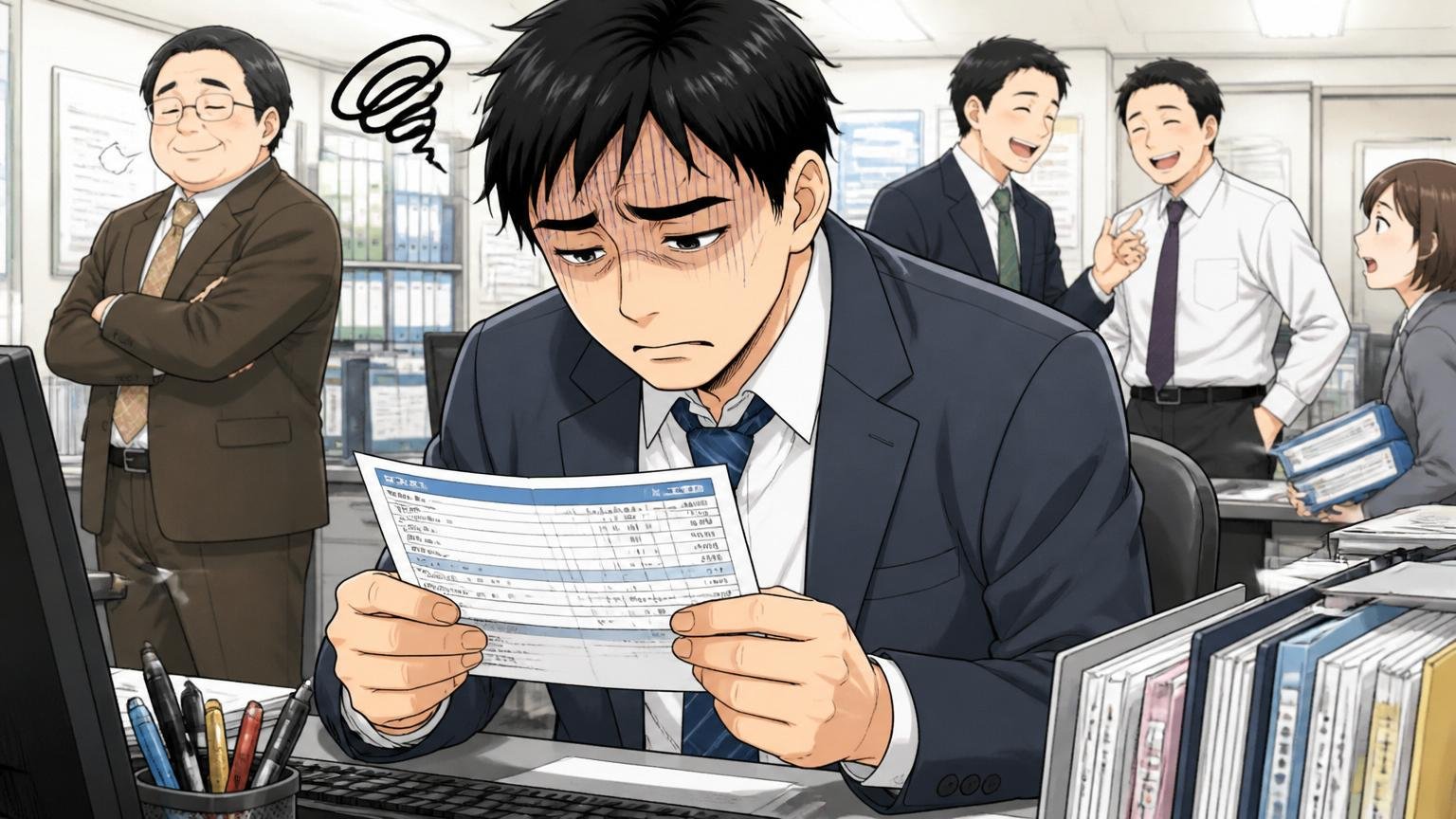 給料が上がらない年功序列｜オフィスで中堅男性社員が給与明細を見て肩を落とす様子