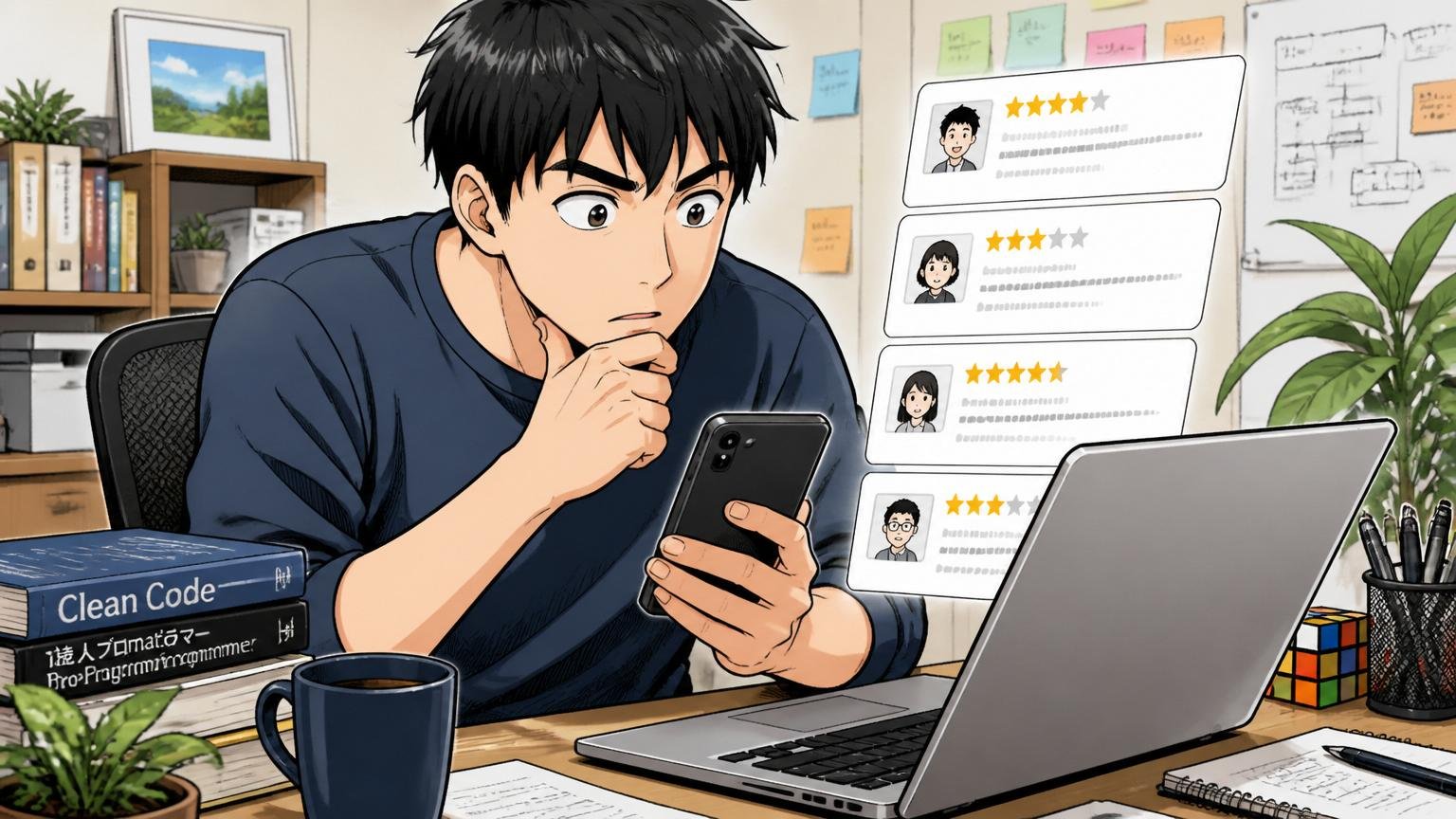 自宅のデスクでスマートフォンとノートパソコンを見比べながら口コミを読む20代後半男性エンジニア