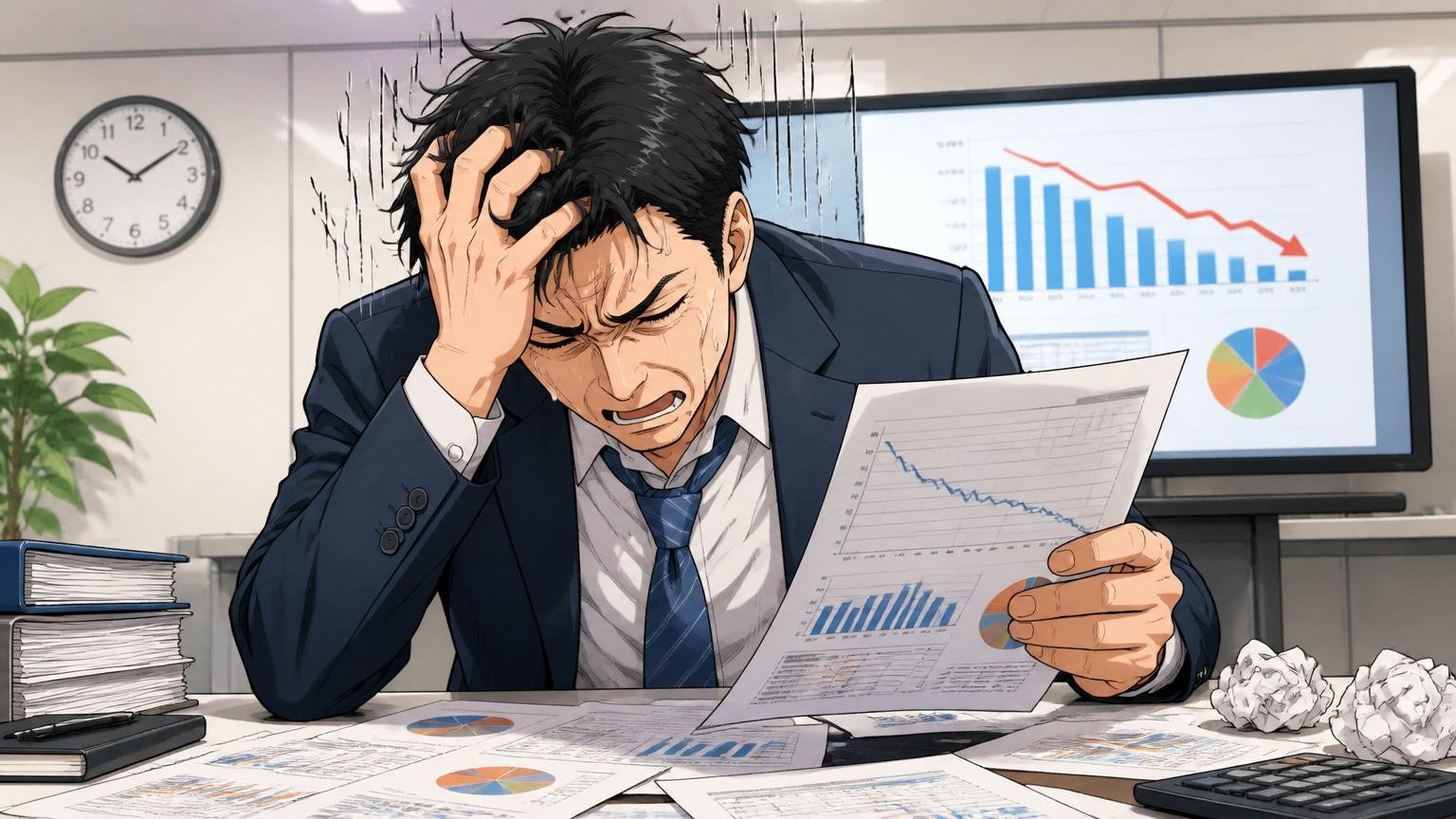 企業の会議室で30代男性が決算資料のグラフを見ながら頭を抱えて唸っている