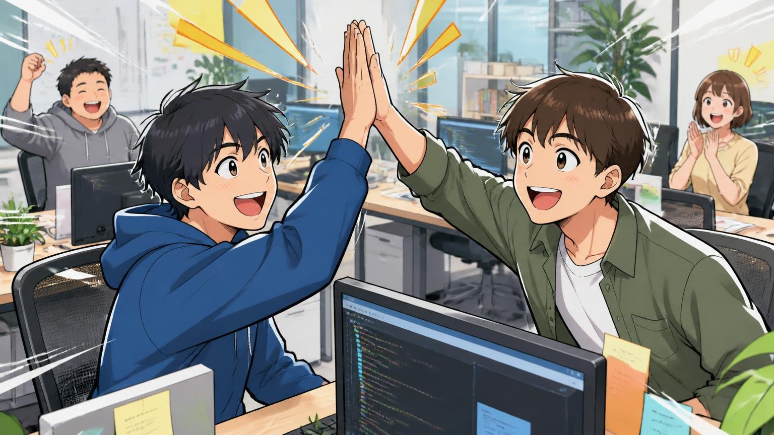 Web系スタートアップのオフィスで未経験から成長した20代エンジニア二人が笑顔でハイタッチをしている