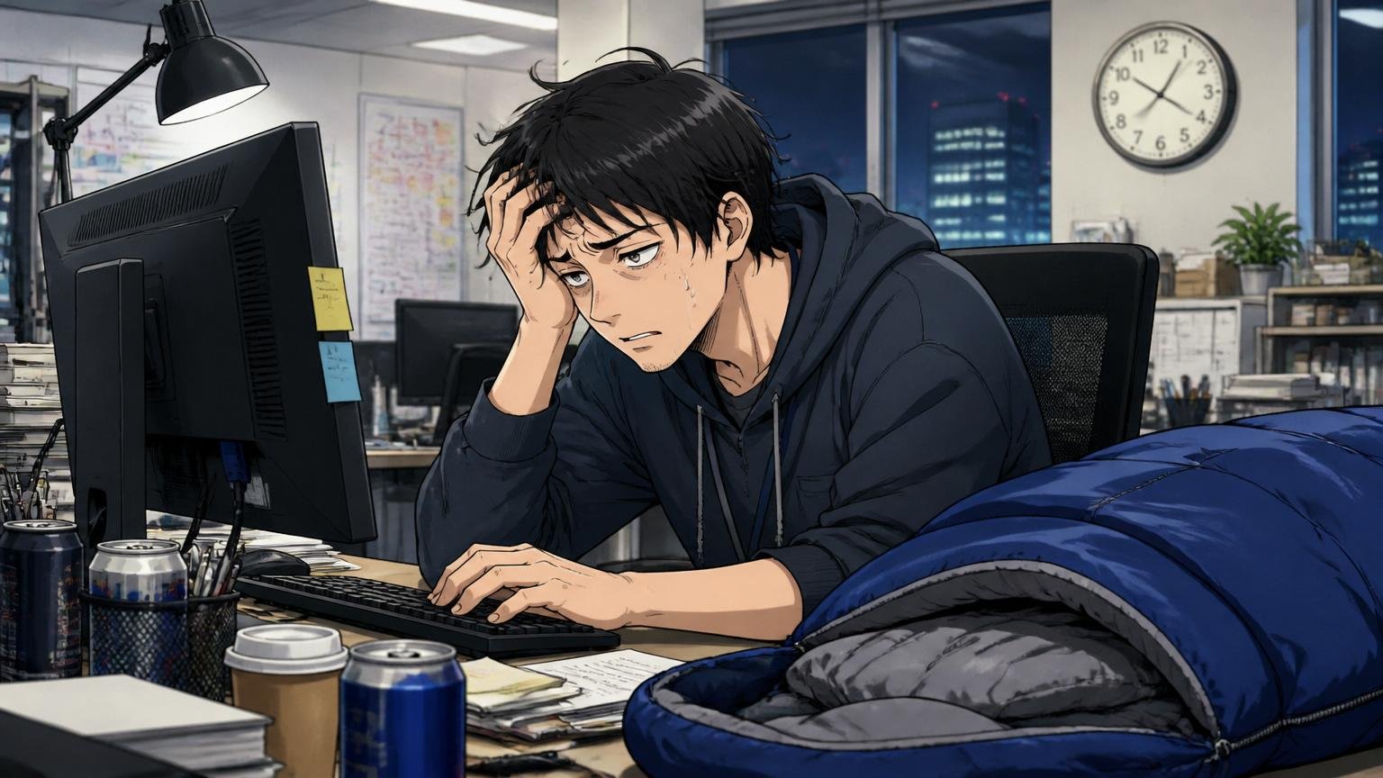 ネガティブ口コミの実例。Web系企業のオフィスで深夜にPCに向かう疲れた表情の男性エンジニア1名、机に寝袋が置かれている様子