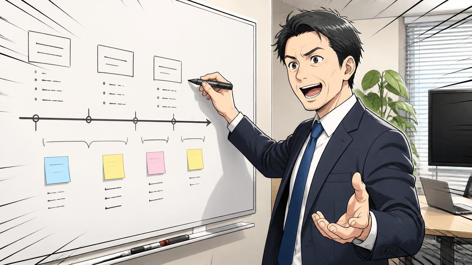 企業の会議室で大型ホワイトボードに時系列を書き出す40代男性経営企画担当者1人