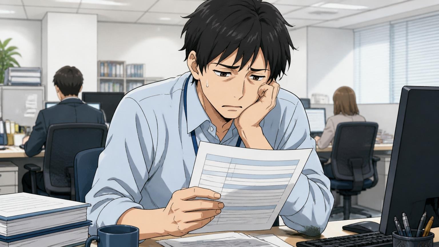 給与の伸びにくさで日立ブランドと中身のギャップ／SIerのオフィスで給与明細を見て肩を落とす30代男性エンジニア1人