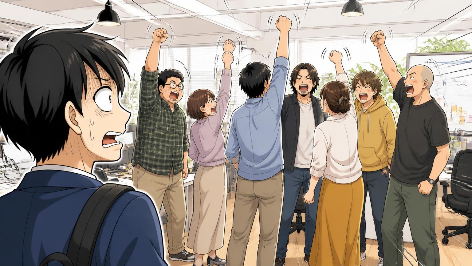 Web系スタートアップのオフィスで全員が円陣を組み拳を上げるベンチャー企業の朝会風景に圧倒された表情の中途入社者