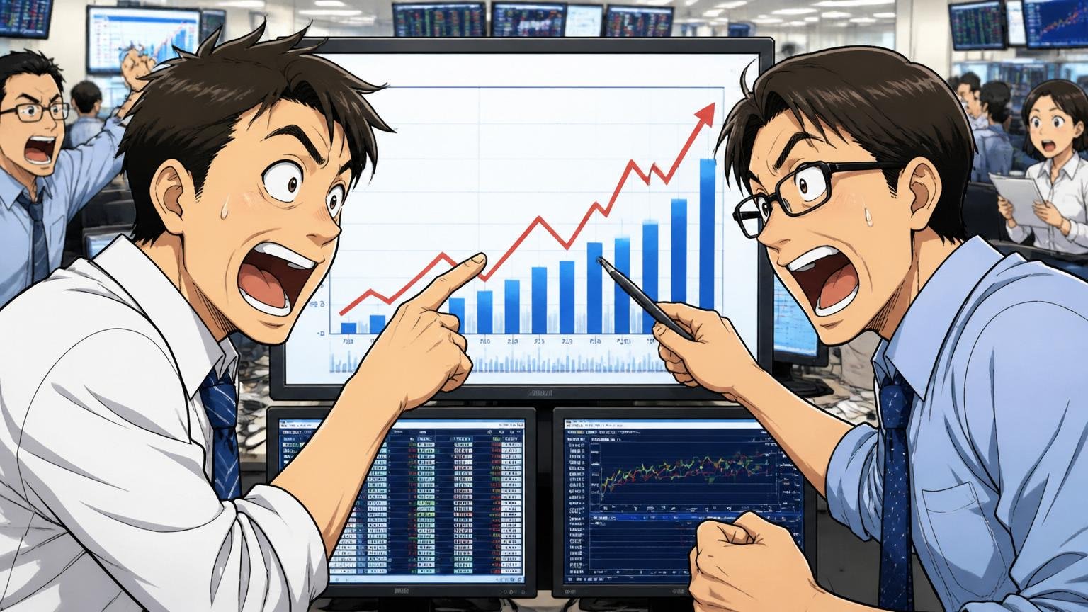 営業利益の推移を一次情報で見る。証券会社のフロアでアナリスト2人がチャートを指差す